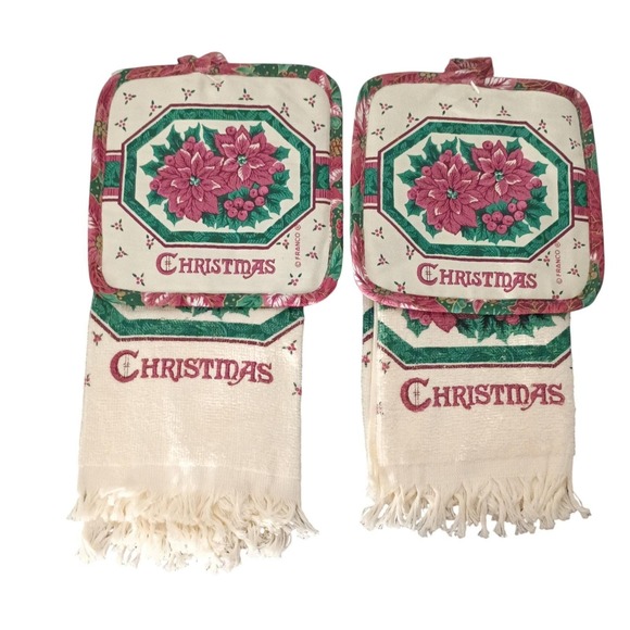 Vintage Franco Christmas Fringed 4 pc Hand Towel Potholder Set Poinsettias - Picture 5 of 5
